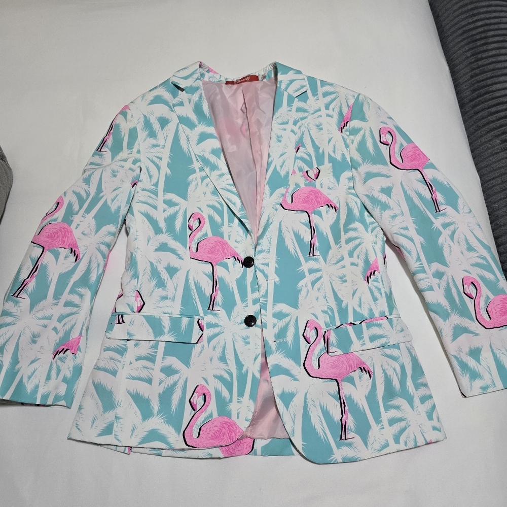 Shinesty El FlamencoTropical Flamingo Print Suit Size 38 Blazer, 30/31 Pants